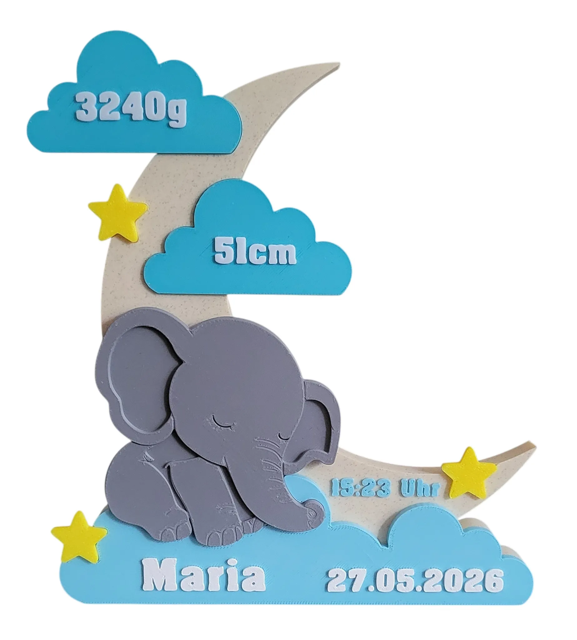 Placa de nacimiento bebe luna y elefante impresa en 3D Tacna Peru
